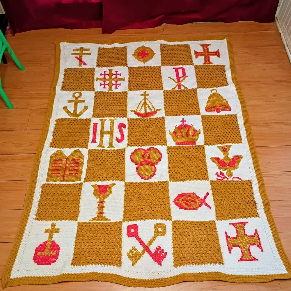 Handmade Crochet Afghan Blanket 64x49 Religious Christian Catholic Gold White